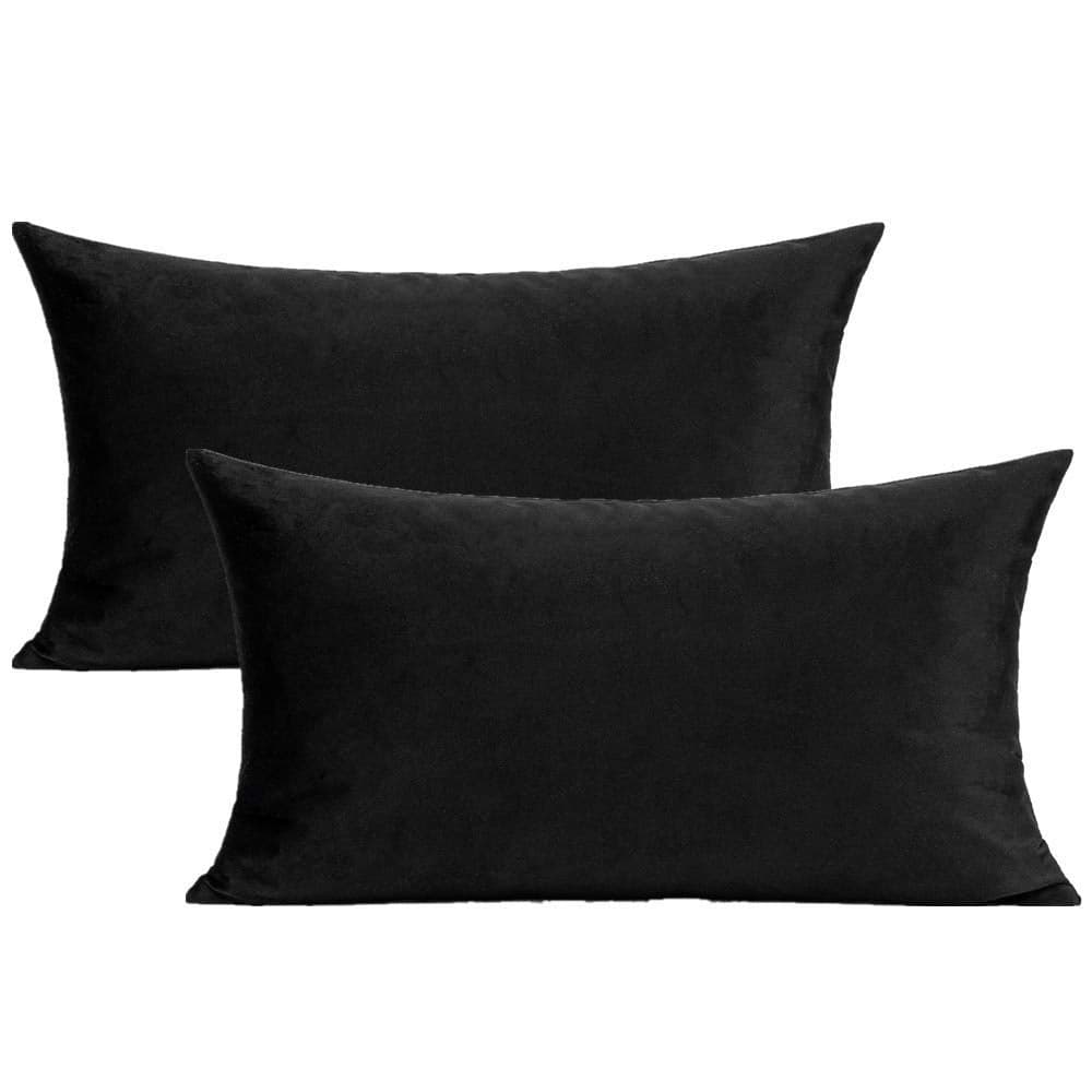 Black Lumbar Velvet Soft Solid Throw Pillow Cases Decorative Rectangle Cozy Cushion Covers Home Decor for Living Room Couch Sofa Car 12x20 Inch Set of 2