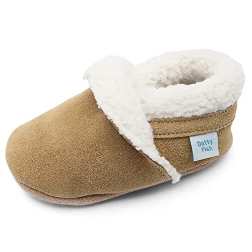 Dotty Fish Toddler Suede Slippers. Light Brown. 12-18 Months