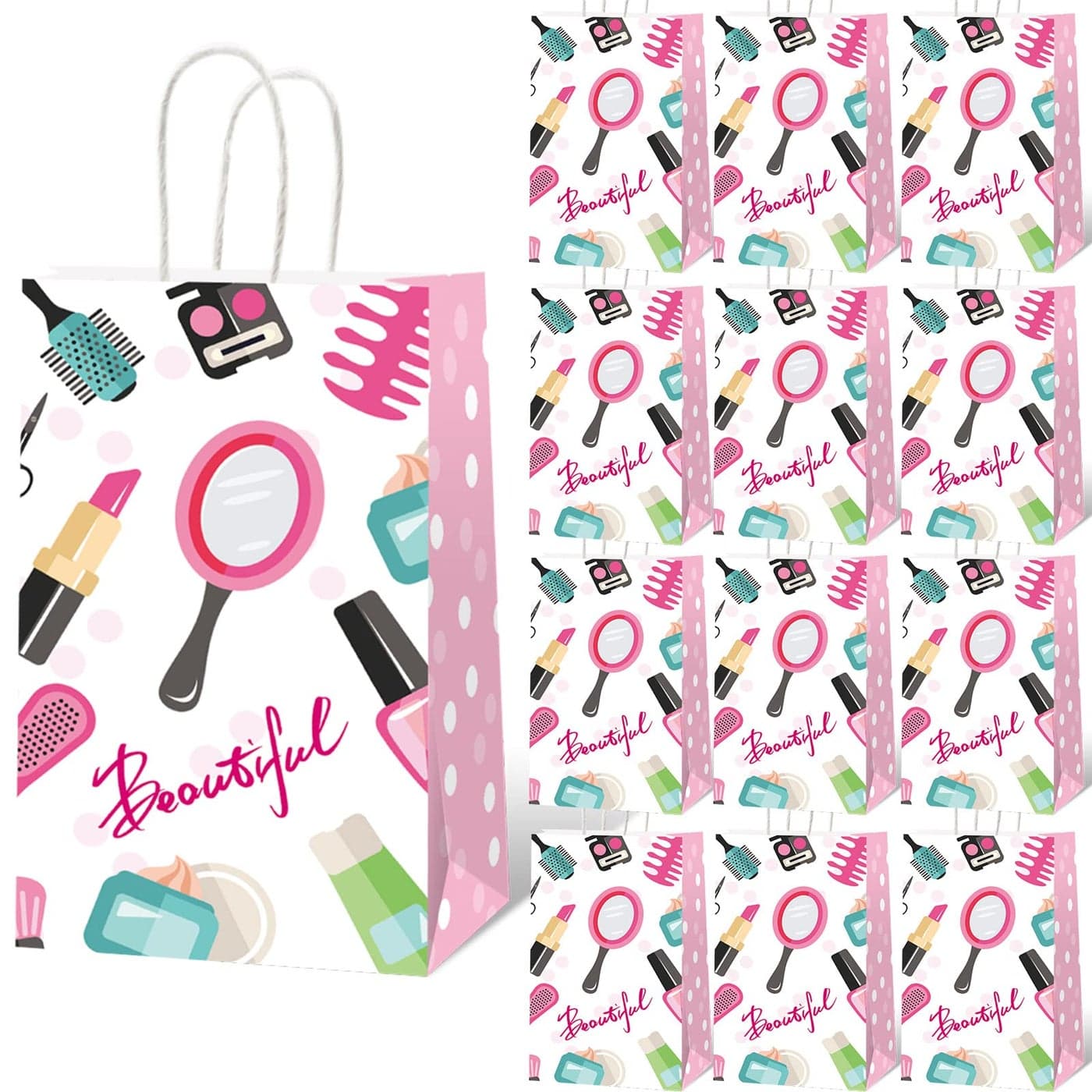 gisgfim 12 Pcs Spa Makeup Birthday Party Goody Treat Favor Bags Cosmetics Party Paper Gift Bags Spa Theme Party Decorations for Kids Girl Makeup Birthday Party Supplies