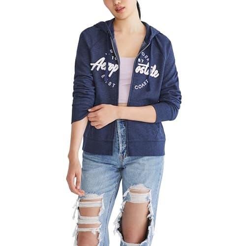 AEROPOSTALE Women's Aero Logo Full Zip Hoodie-Circle/Scripts, Cadet Navy, Medium