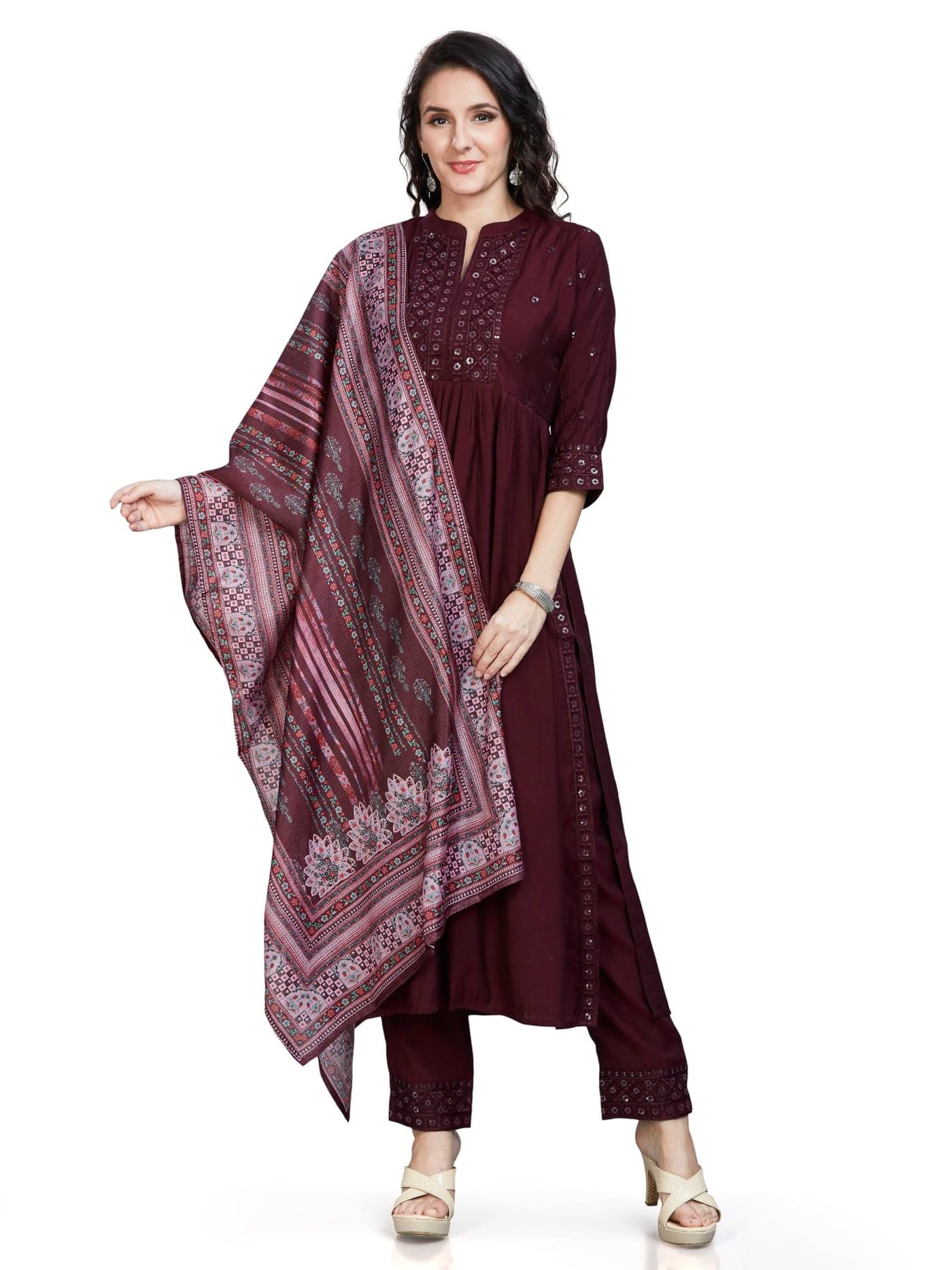 NIONI Chinon Naira-cut Dupatta Set with Kota Silk Printed Dupatta, Butti Embroidery on Yoke & Sleeves. Mandarin Collar Kurti with ¾ Cuff Sleeves, Straight Pant with Embroidered Hemline Panel(Wine/XXL)
