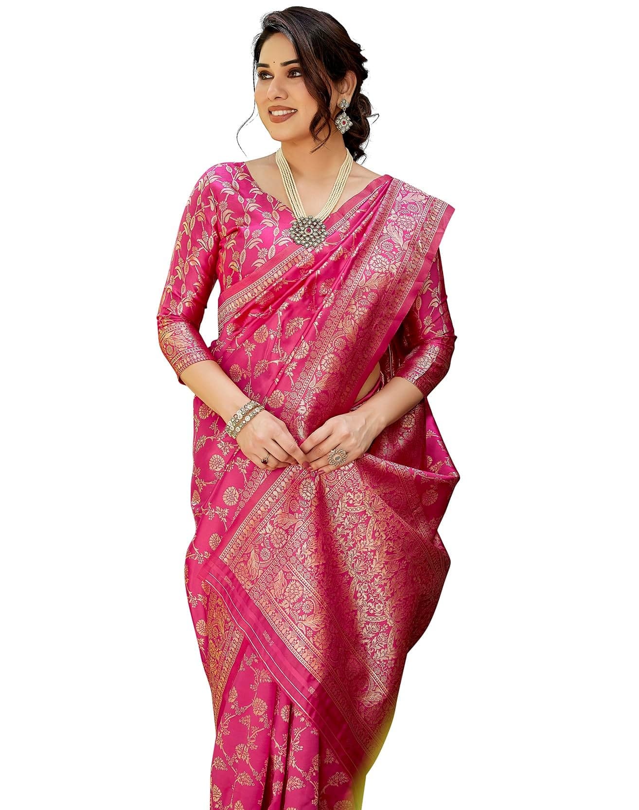 Yashika Women's Banarasi Silk Traditional Motifs Jacquard Floral Weaving Saree | Pink Color Saree | Women Sari | Saree AZ-YS-P3-SHAYANI PINK