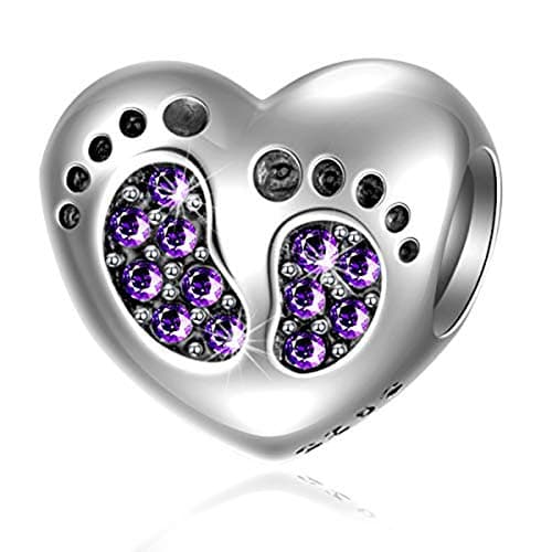 Bracelet Baby Footprints Charms - 925 Sterling Silver Pendant, Heart Birthstone plated Crystals - Mini Beads Fit Charm Bracelets, Necklaces, and European Snake Chains, Gift to New Mom/Child. (Purple)
