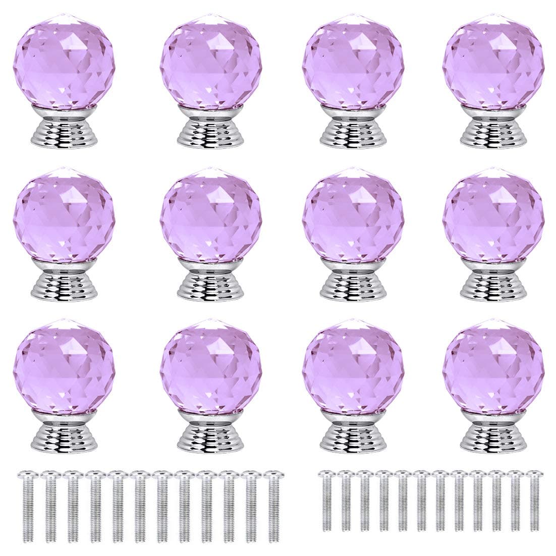 ANJUU 12 Pcs 30mm Round Shape Crystal Glass Cabinet Knobs with Screws Drawer Knob Pull Handle Used for Kitchen Dresser Door CupboardPurple