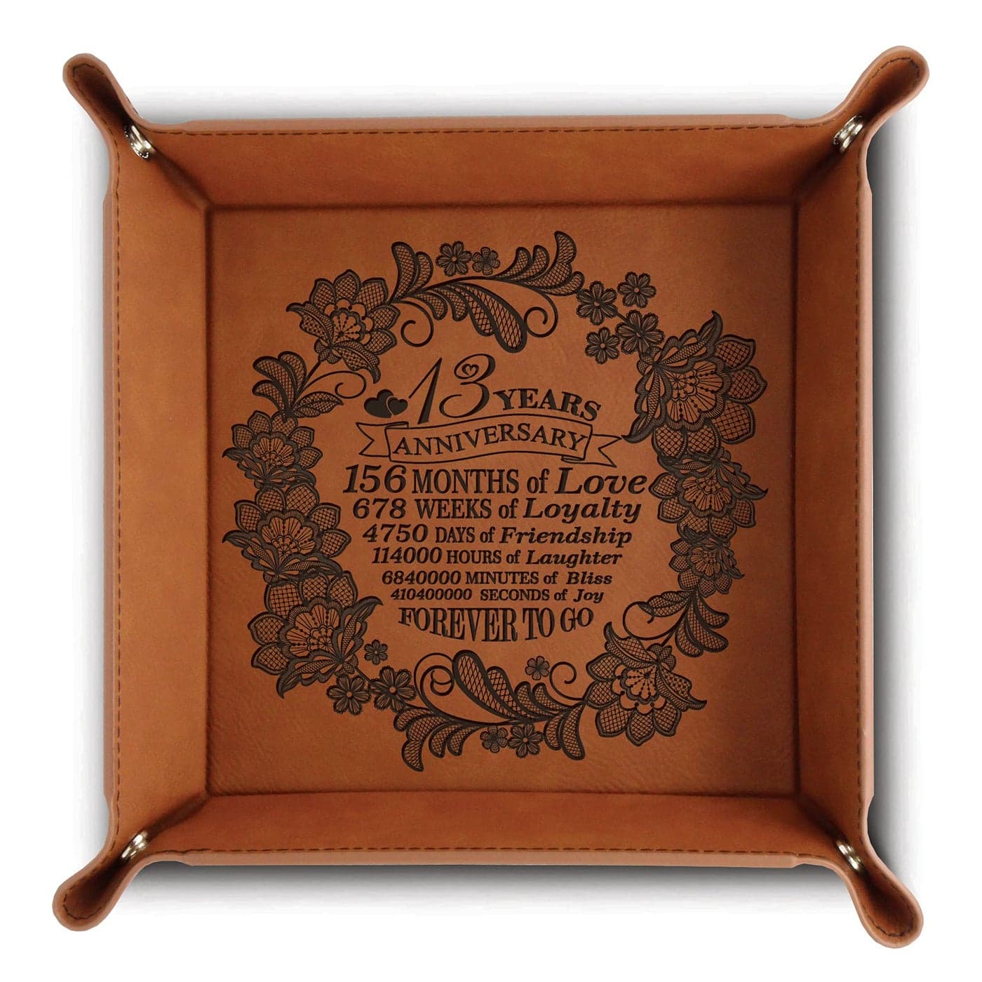 Bella Busta13 Years AnniversaryTraditional Lace Engraved Art Work Design for 13th AnniversaryEngraved Leatherette Valet Tray Rawhide
