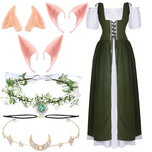 Bonuci 6 Pcs Women Renaissance Fairy Costume Halloween Cosplay Outfit Medieval Victorian Dress Elf Ears Fairy Headpiece Set(2xl/ 3xl,Olive Green)