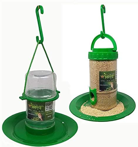 Amijivdaya Small Bird and Water Feeder Combo (Green, Transparent)
