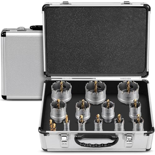Kolvoii 14 PCS TCT Hole Saw Kit for Hard Metal, 9/16"-2-1/8" Tungsten Carbide Tipped Hole Saw Drill Bit Heavy Duty Carbide Hole Cutter Set with Aluminum Box 2 Extra Pilot Drill Bits