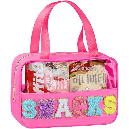 Snack Bag for Travel - Chenille Letter Clear Makeup Bag, Large Preppy Patch Snack Cosmetic Bag with Handle and Zipper, Cute Makeup Pouch Nylon&PVC Waterproof Toiletry Organizer Storage for Women Girls
