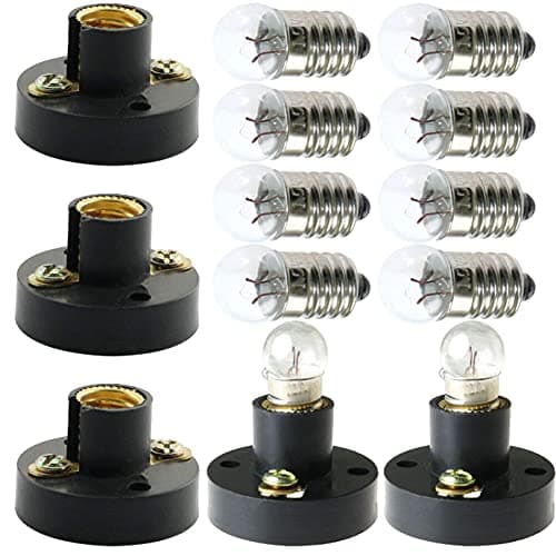 MEETOOT Set of 10 Mini Bulbs and 5 Bulb Holders - Black Plastic and Brass Bases - DIY Screw Type Lighting Accessories