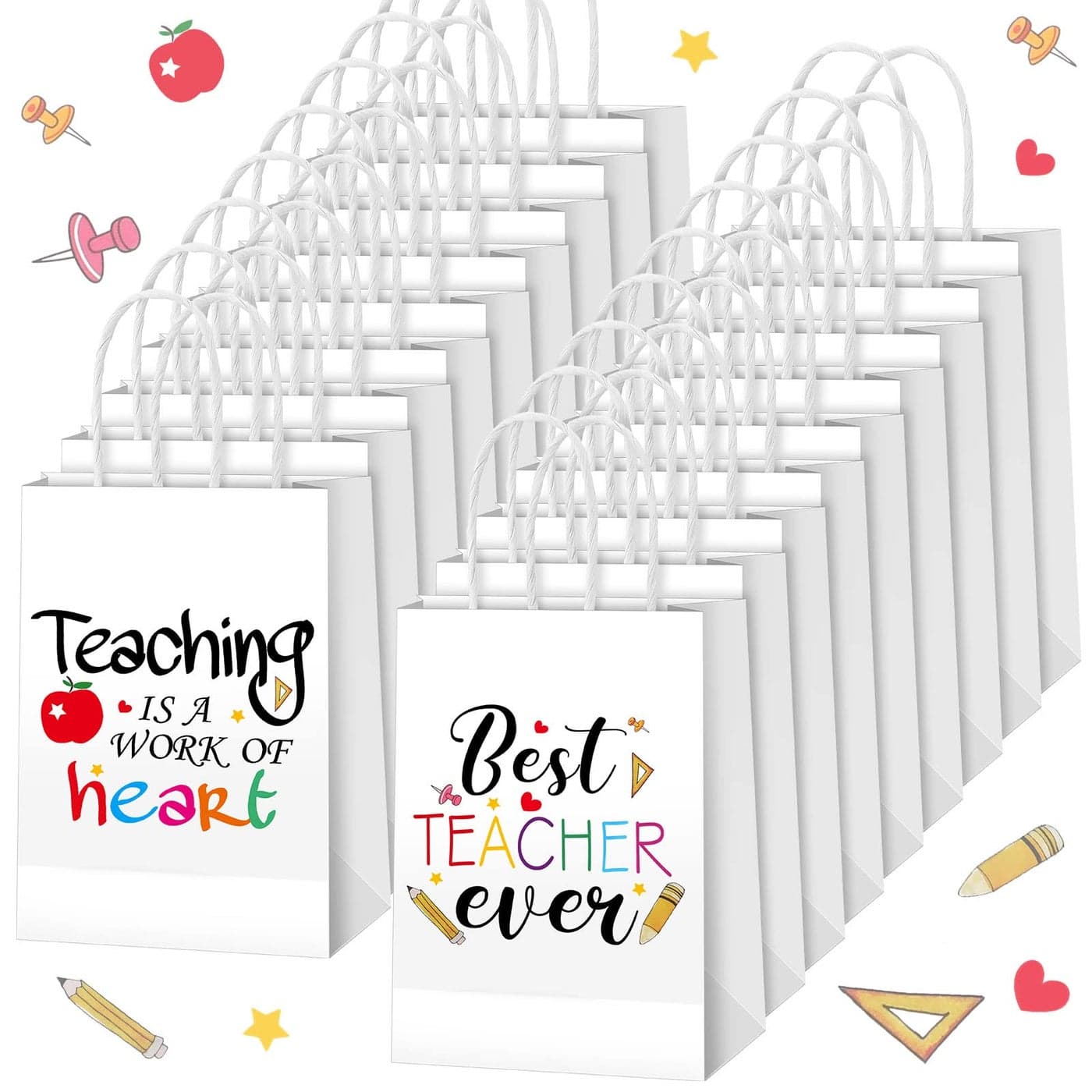 Tinlade 18 Pcs Teacher Appreciation Gift Bags Best Teacher Ever Paper Bags Back to School Gifts Teaching Is a Work of Heart Wrap Pouch with Handle for Teachers Day First End of the School YearWhite
