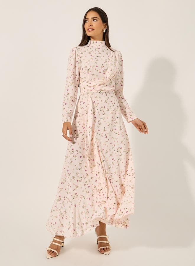All-Over Print High Neck A-Line Maxi Dress