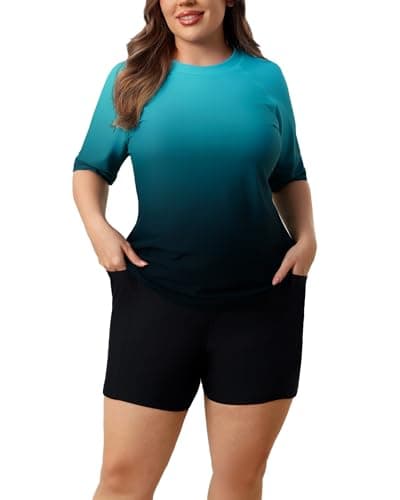 Halcurt Women's Plus Size Swimsuit with Shorts Rash Guard Swimwear Swim Suit Shirt Boy Shorts Built in Bra Swim Tee Ombre Green 2X