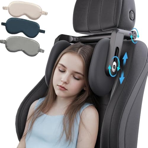 FANXIN Car Headrest Pillow with Hook Adjustable Car Seat Neck Support with Memory Foam Ice Silk 360 Rotating Travel Sleeping Headrest for Kids Adults 1 Eye Mask Included