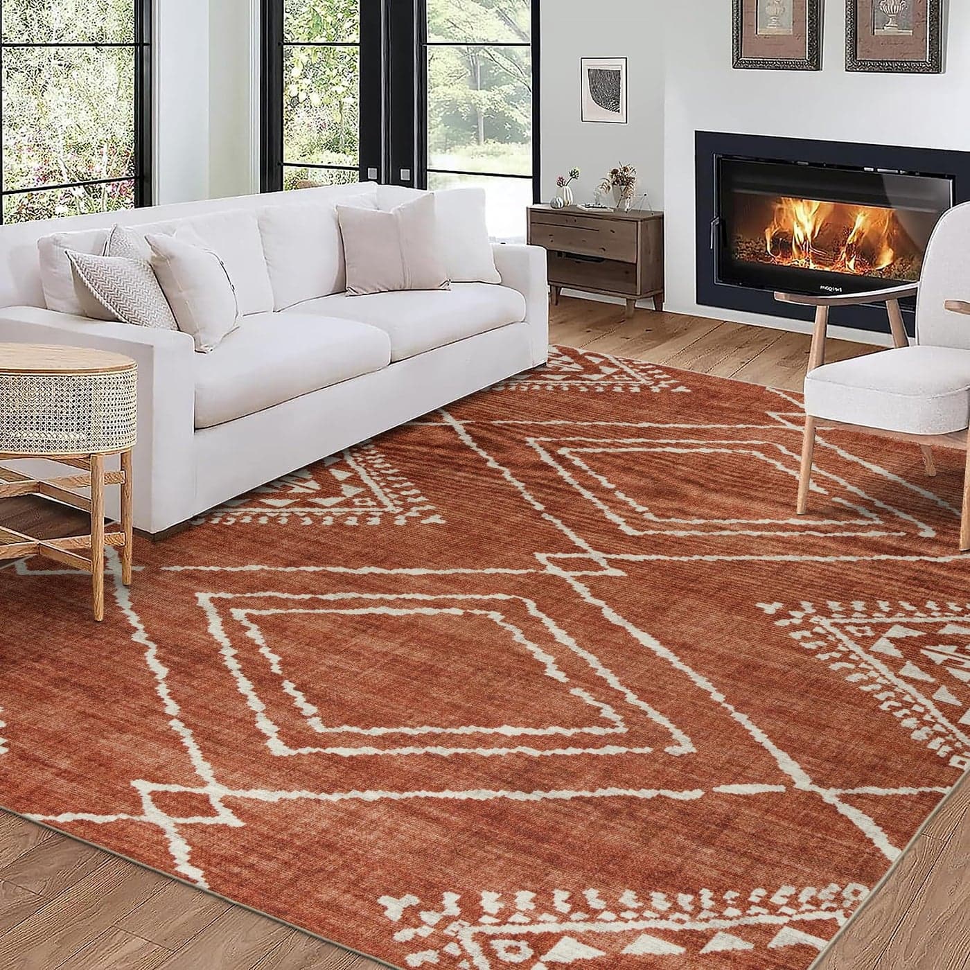 ReaLife Rugs Machine Washable Area Rug Living Room Bedroom Bathroom Kitchen Entryway Office Padded Low Pile Stain Resistant Premium Moroccan Diamond Tribal Jax Orange 5 x 7