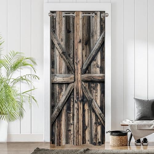 ONINUO Wooden Barn Doors Door Curtains for Doorways, Rustic Farmhouse Art Wood Blackout Curtain for Kids Bedroom Closet, Grommet Thermal Insulated Privacy Door Drapes for Room Divider, 34" W x 80" L