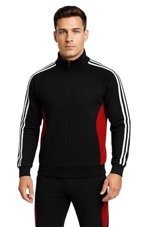 Krystle Comfort Fit Tracksuit Set – Men’s Sports Jacket with Pajama Pants (Black,Large)