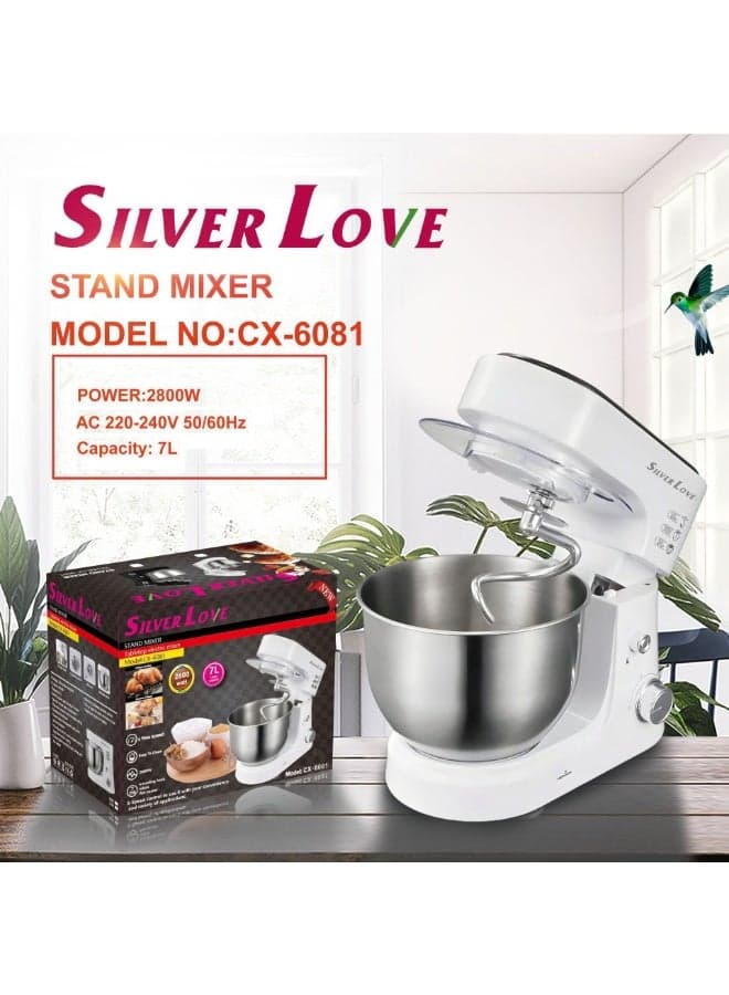 Silver Love Stand Mixer with 7L Bowl – High Performance 2800W Dough Mixer for Bread, Cakes, Muffins, Cookies and More