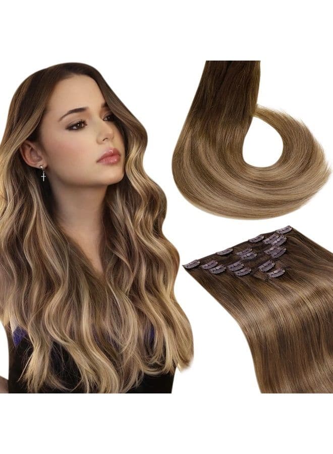 Clip in Hair Extensions Human Hair Balayage Chestnut Brown to Light Brown Clip in Hair Extensions Real Human Hair Straight Real Hair Extensions Full Head Set 16 Inch 7pcs 120G