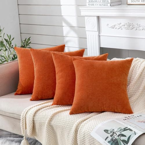 GAWAMAY Decorative Square Throw Pillow Covers 18x18 Inch Set of 4 Super Soft Chenille Pillows Farmhouse Fall Pillowcase for Living Room Bedroom Sofa Couch Cushion Cover Burnt Orange 45x45cm