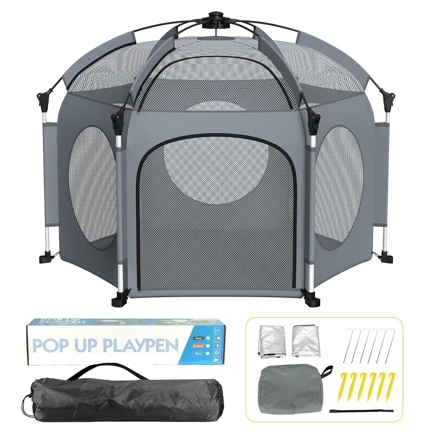 PRObebi Portable Pop Up Playpen for Babies and Toddlers Grey Lightweight Outdoor Play Yard with Three SunShade Beach and Indoor Use with Travel Bag