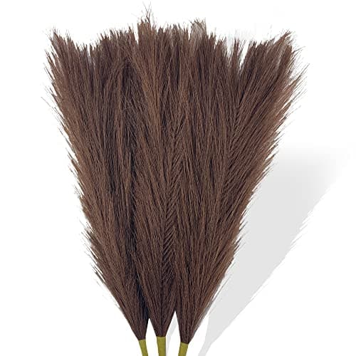 Faux Pampas Grass Small 17 Dark Brown Artificial Pampas Grass Fluffy 3 Pcs pompous Grass Flower Arrangement and Vase Filler for Boho Home Wedding Decoration