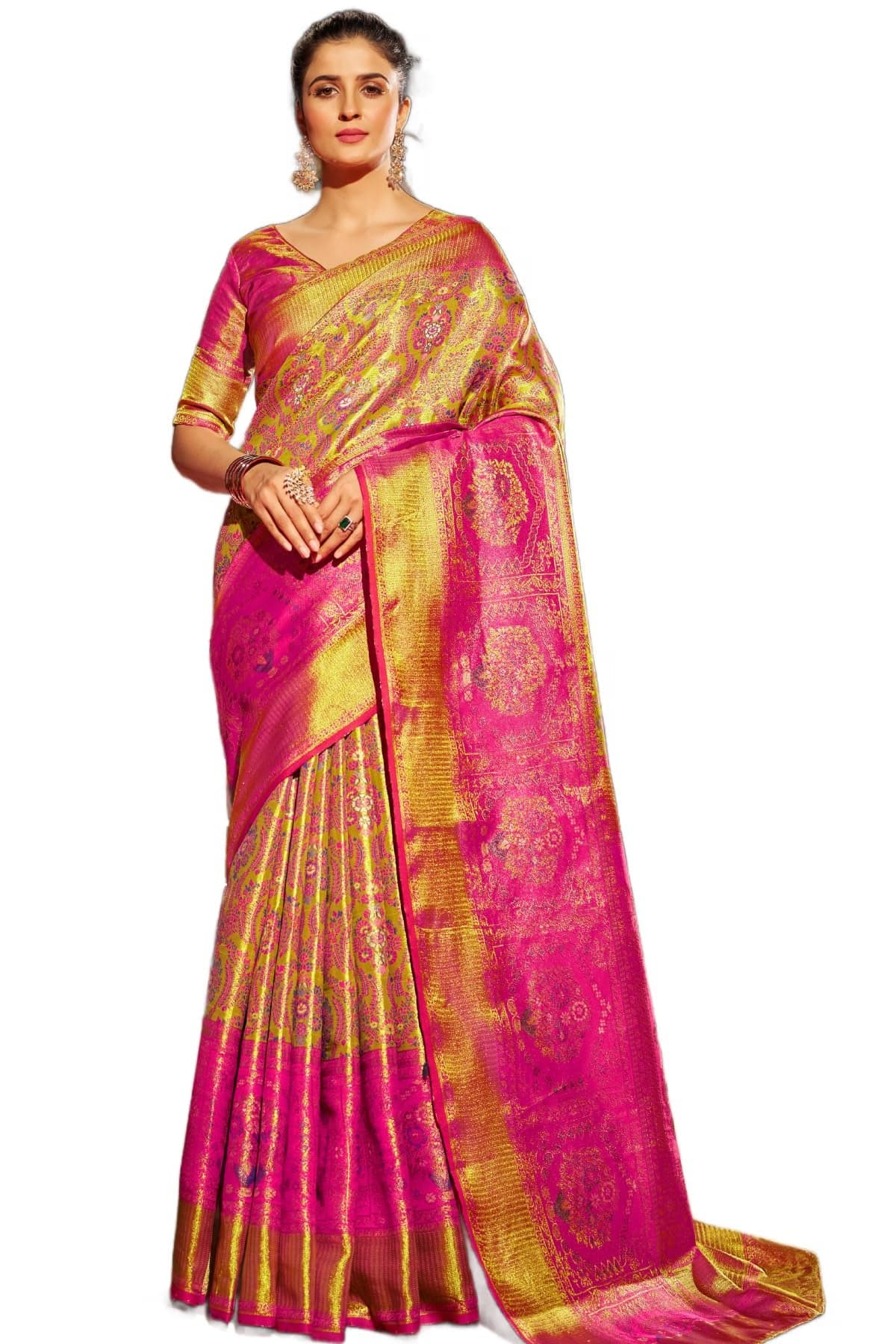 SWORNOF Women's kanjivaram banarasi silk saree for Patola festival Wedding silk with rich pallu Design sarees for women with blouse piece (RANI)