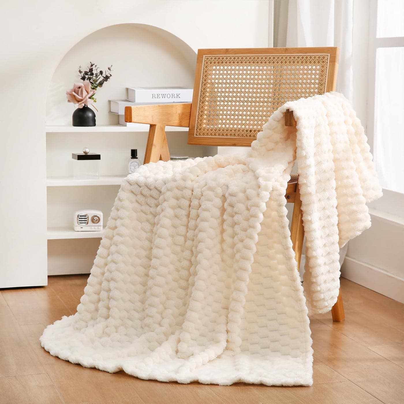 Cream White Throw Blanket 5060 inches Fuzzy 3D Jacquard Decorative Flannel Fleece Super Soft Plush Cozy Blanket for Couch Sofa Chair Lightweight