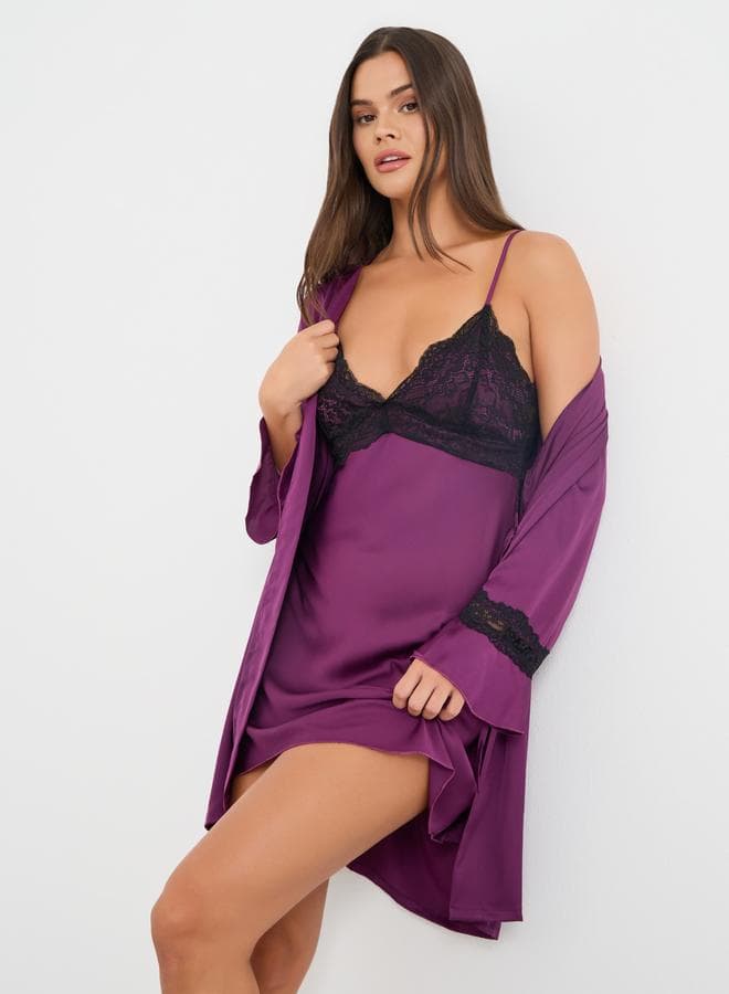Contrast Lace Detail Satin Slip Dress and Robe Set