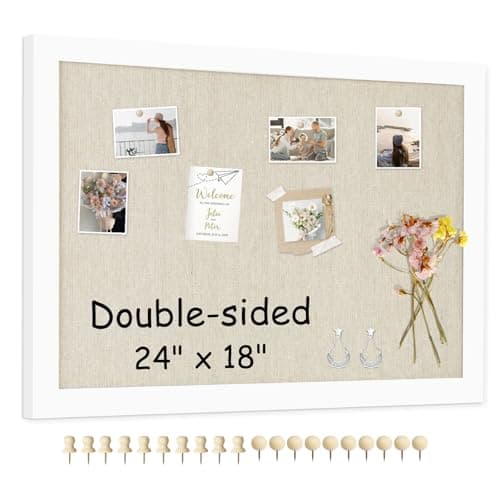 AMUSIGHT Double-Sided Large Cork Board with Linen, 24" x 18" Hanging Wood Framed Bulletin Board, Picture Display Vision Board Corkboards for Wall Room School Office Decor, 20 Pushpins,1pack