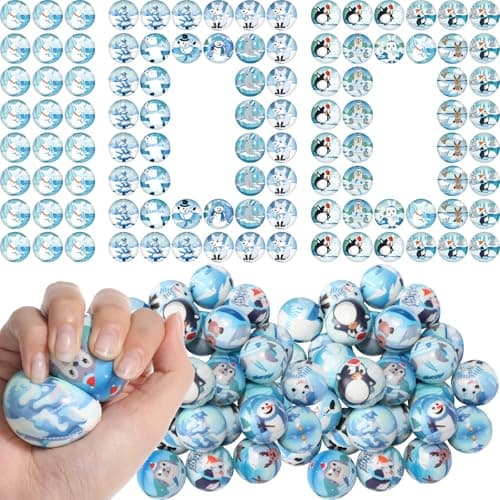 Liliful 100 Pcs Winter Stress Balls Bulk Holiday Party Favor Gifts 12 Cute Patterns Snowman Penguin Polar Bear Sensory Anxiety Relief Bag Fillers Stocking Stuffers