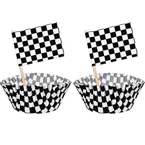 TecUnite 100 Pieces Checkered Flag Cupcake Wrapper Liner Racing Car Cupcake Toppers and 100 Pieces Checkered Flag Toothpicks Racing for Cake Decorations(Black and White)