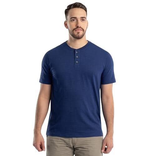 Wrangler Men's Short Sleeve Recycled Slub Jersey Workwear Henley T-Shirt, Navy, Large