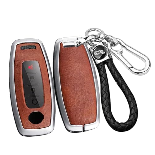 SANRILY PU Leather 3/4/5 Button Key Fob Cover Fit for Nissan Rogue 2024 2023 Pathfinder X-trail Ariya 8 Gen th New Teana Keyless with Keychain Silver-brown