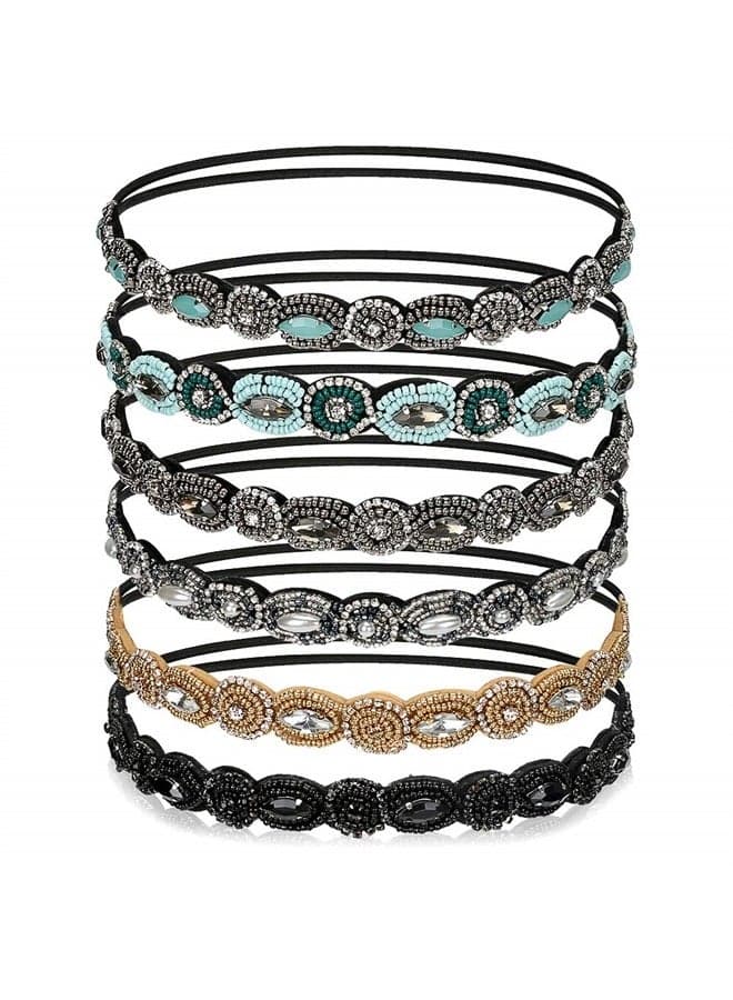 6 Pack Elastic Rhinestone Headbands for Women, Vintage Beads Rhinestone Hair Headband, Handmade Fashionable Diamond Elastic Headbands for Lady Brides Women Girls