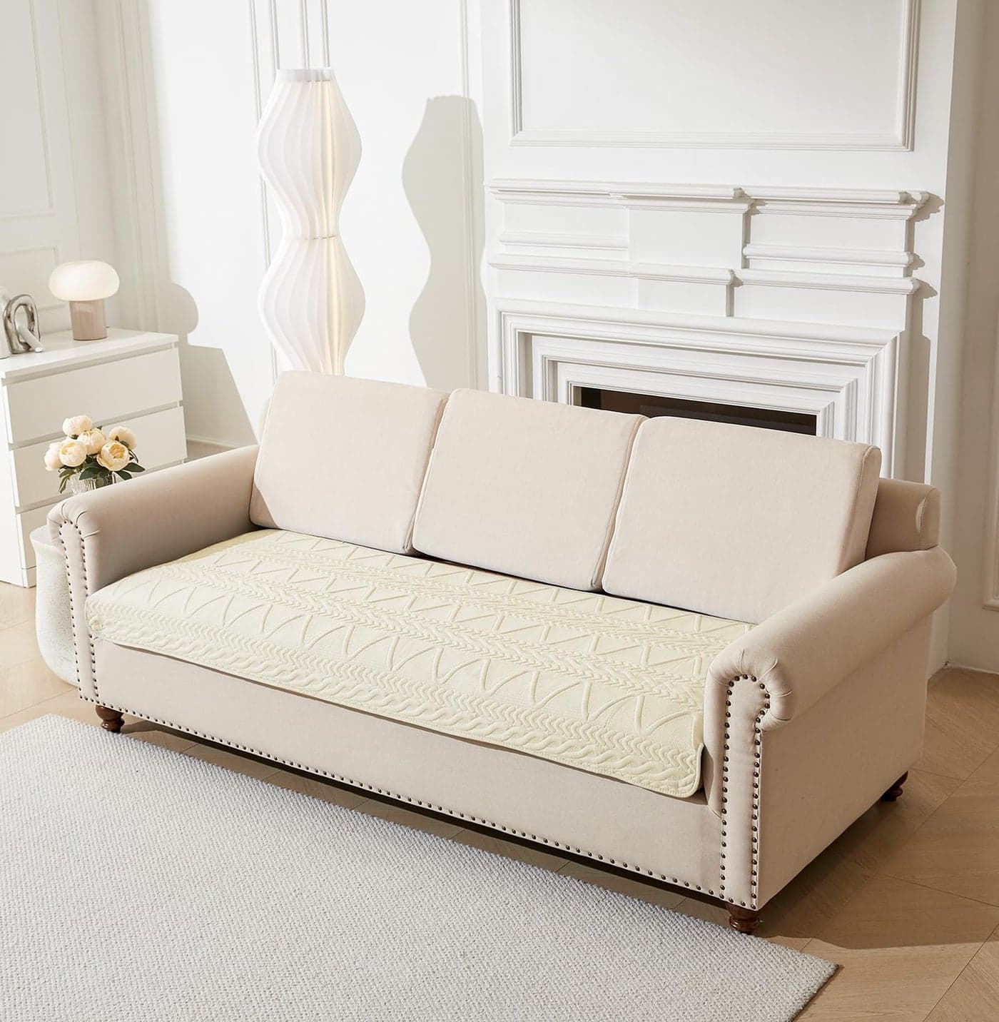 House of Quirk Sofa Covers Cotton Quilted Fabric 1/2/3/4 Seater Sofa Cover Corner Sofas Slipcovers Anti-Slip Stretch Seat Pad from Pets Replacement Protector (Three Seater, Beige, 70x180cm)
