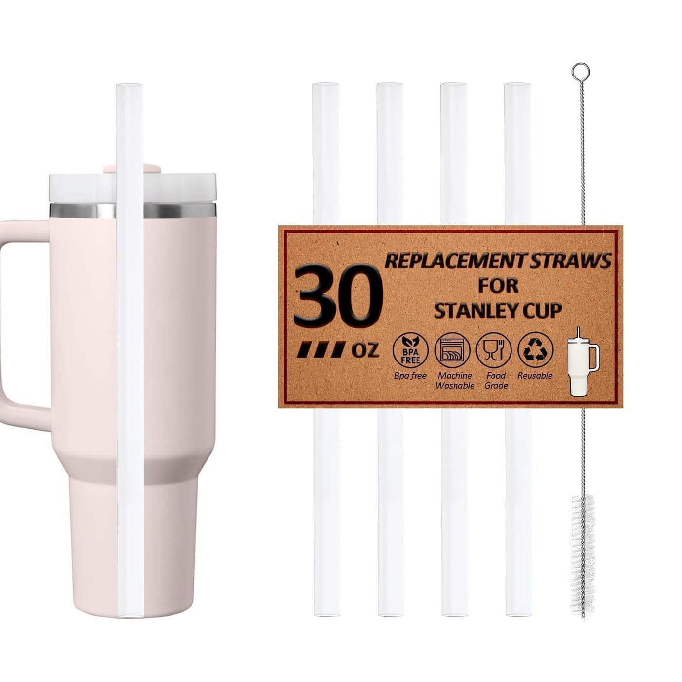 Reusable Straws for Stanley Cup 1420oz 30oz 40oz Replacement Long Straw with 1 Brush for Stanley Cup AccessoriesFood Grade BPA Free Machine washable4 pack30oz Transparent White
