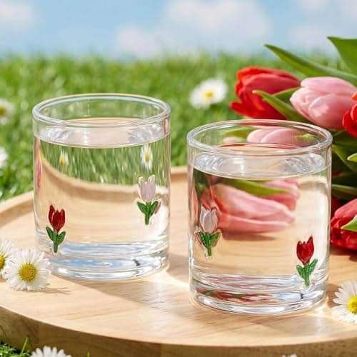 SiliFine 4 Pack Floral Icon Glass Cups 14oz Tulip Icon Juice Glasses Double Old Fashioned Hand Blown Stemless Wine Glasses Iced Coffee Drinking Cup for Spring Holiday Party Decor Lovely Gifts (Tulip)