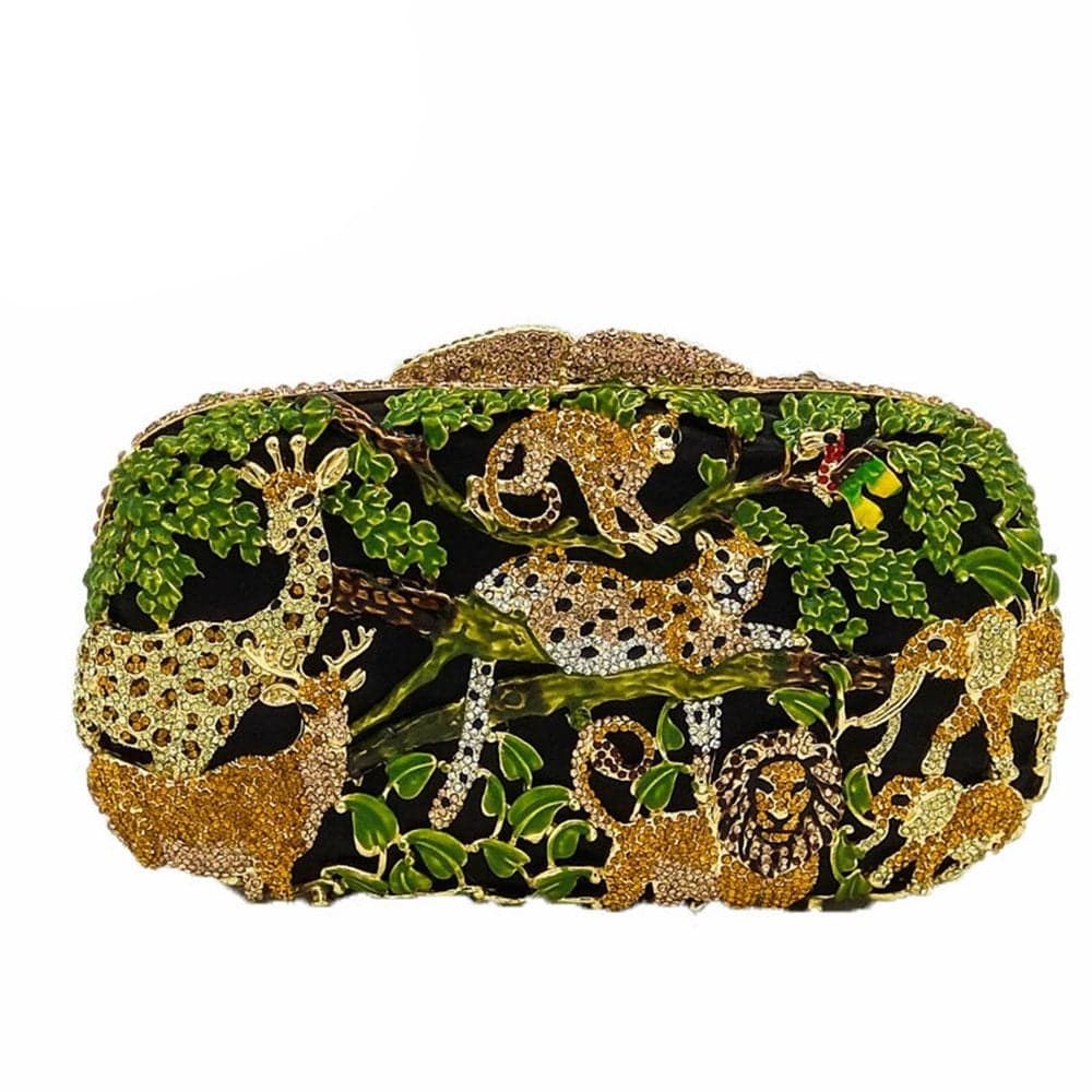 Forest Jungle Animal Zoo Green Crystal Clutch Purses for Women Formal Evening Bags Rhinestone Clutch Handbags