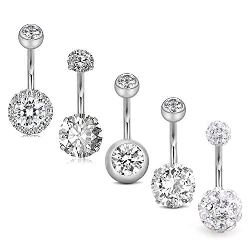 JFORYOU 5Pcs Belly Button Rings Stainless Steel 14G CZ Navel Rings Barbells Studs Women Body Piercing Jewelry Silver