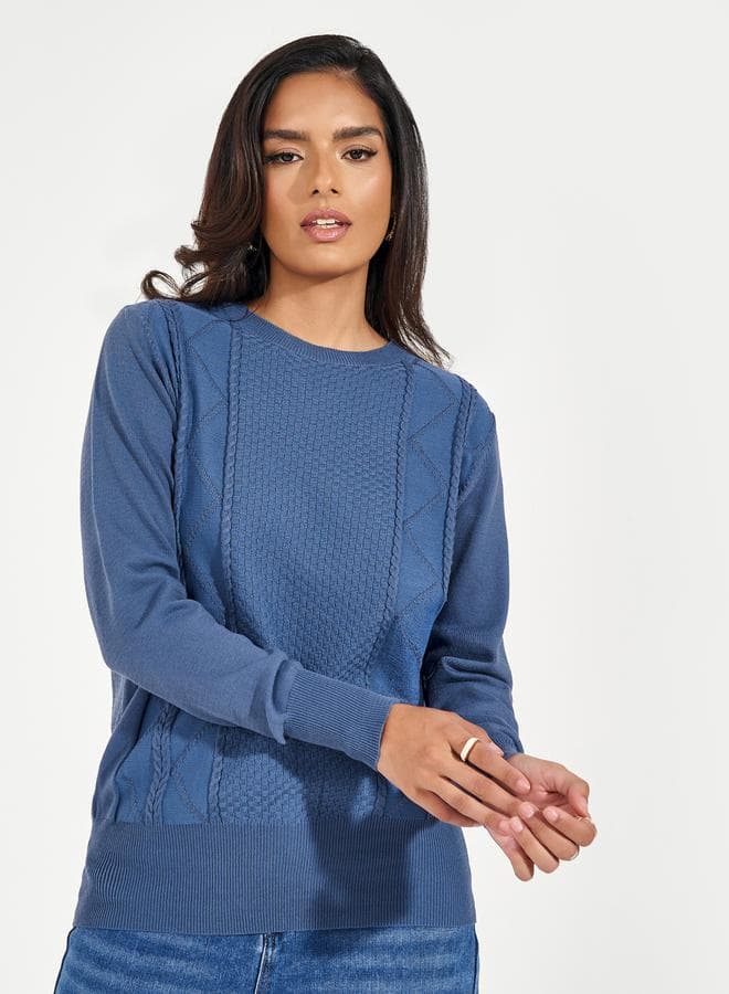 Regular Fit Round Neck Cable Knit Sweater — 2XL