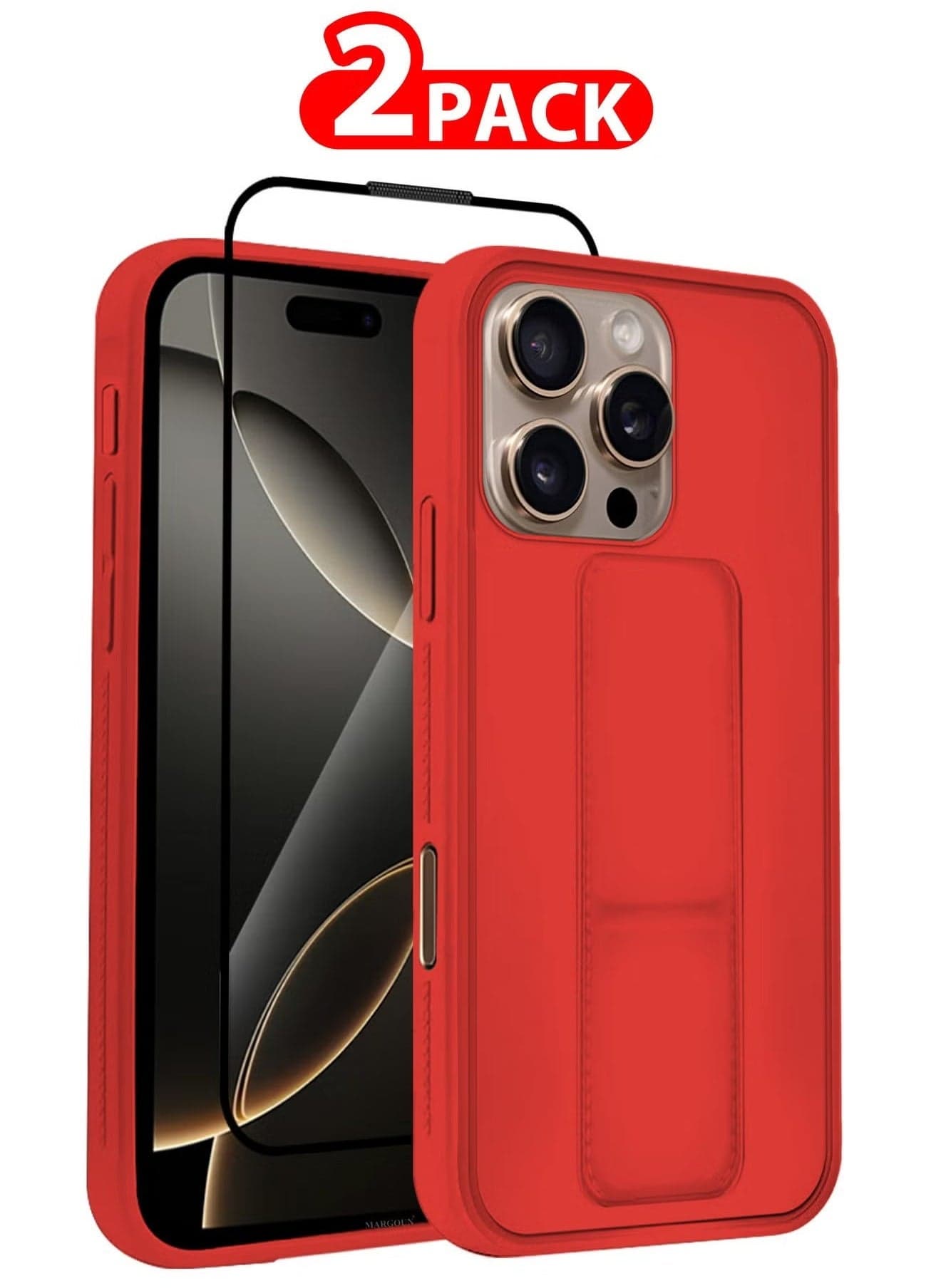 2-Pack Premium PU Leather Case & Screen Protector for iPhone 16 Pro Max – Shockproof, Anti-Scratch, Stand Function, Finger Grip Case Cover (Red)