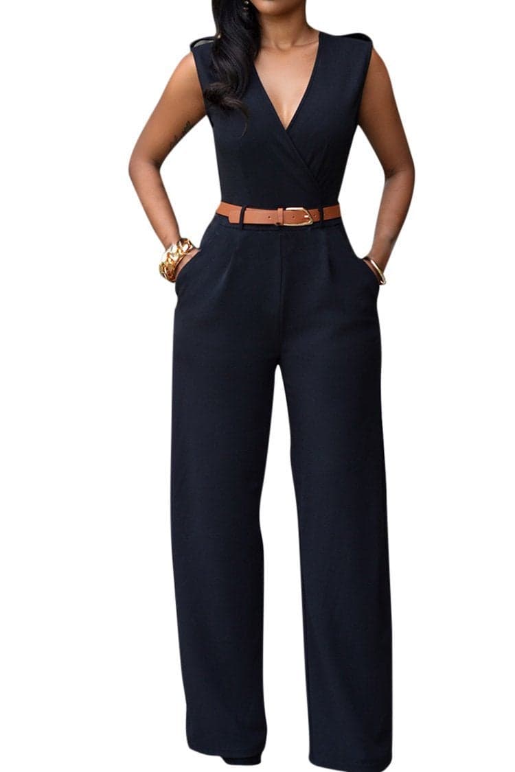 Pink Queen Woman Jumpsuits Black Sleeveless Deep V Neck Long Jumpsuits Rompers Black Small