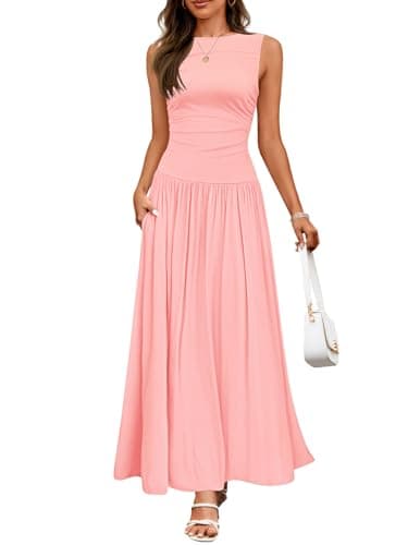 ZESICA Women's Summer Sleeveless Maxi Dress 2025 Casual Crewneck Pleated Flowy Long Dress with Pockets,Pink,S