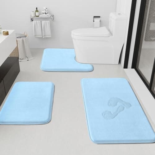 HUXMEYSON Bathroom Rugs Sets 3 Piece NonSlip Quick Dry Bath Mat Set Ultra Soft Velvet Bath Rugs for Bathroom Toilet and Shower Floor Light Blue