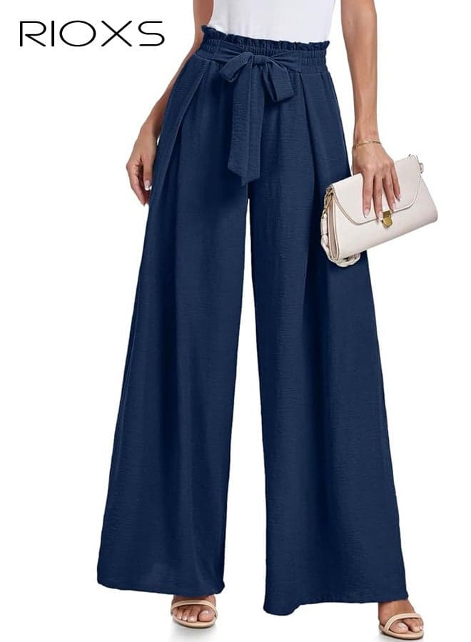 Women's High Waist Wide Leg Pants, Navy Blue Flowy Office to Casual Trousers, Comfortable Tied Waist Pants with Pockets, Elegant Bow Belt Detail Work Pants, Soft Fabric Professional Wide-Leg Pants, All-Season Versatile Wardrobe Essential