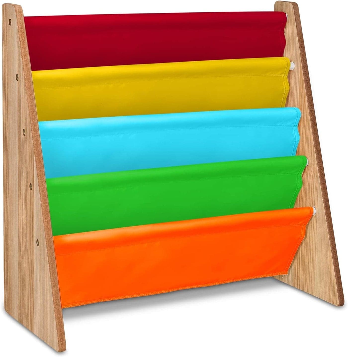 LIVIVO Childrens Colourful Sling Storage Bookshelf Easy Access Wooden Book Storage Rack with Soft Nylon Fabric Shelves Shelf to Protect your Kids Books MultiColour