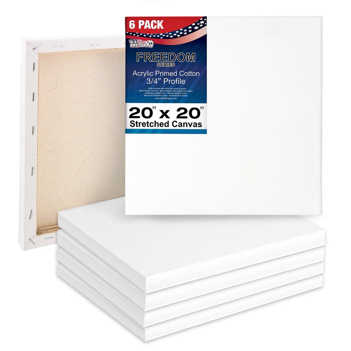 US Art Supply 20 x 20 inch Stretched Canvas 12Ounce Triple Primed 6Pack Professional Artist Quality White Blank 34 Profile 100 Cotton HeavyWeight Gesso Acrylic Pouring Oil Painting