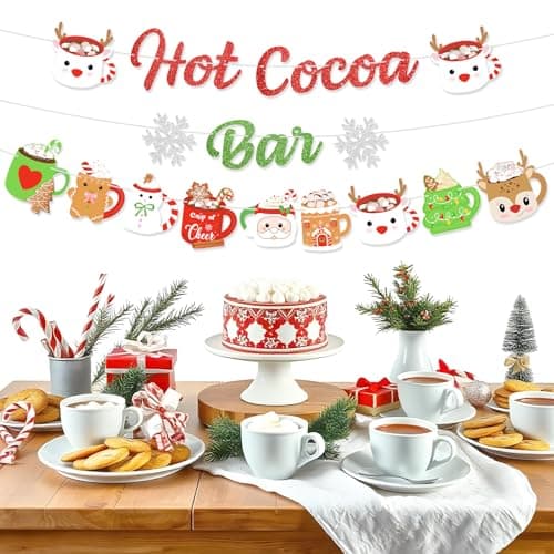 Christmas Hot Cocoa Bar Banner Decoration Glitter Green Red Hot Chocolate Bar Kit Winter Snowflake Gingerbread Snowman Coffee Mug Hot Cocoa Bar Banner Supplies for Birthday Baby Shower New Year Party