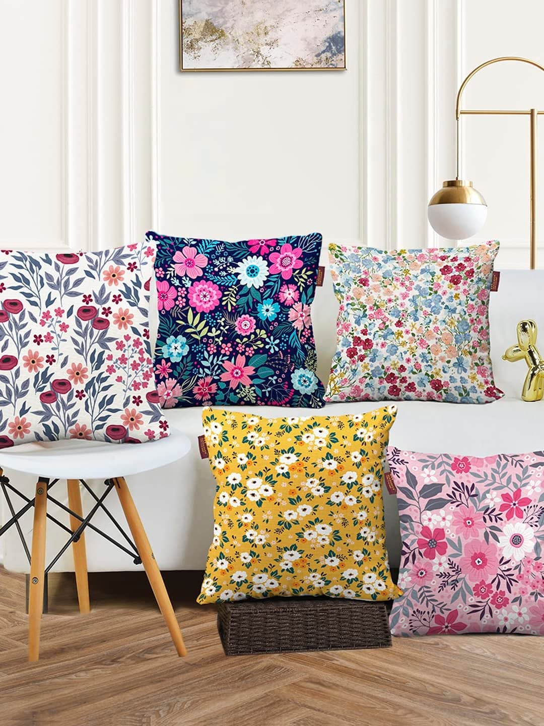 AEROHAVEN Premium Set of 5 Floral Digital Printed Hand Stitched Throw Pillow/Cushion Covers - (Pink and White, 16 x 16 Inch)